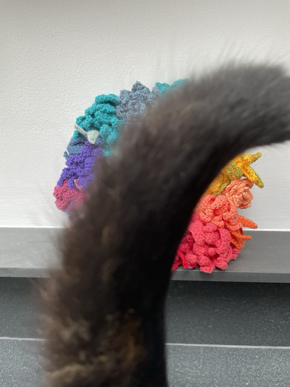Cat tail blocking the view of my crochet colour wheel wreath