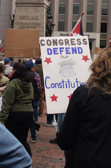 People holding up signs at a protest. One sign has an illustration of the Statue of Liberty holding her head in her hands. The text reads:
CONGRESS
DEFEND
OUR
Constitution!

The sign has red stars, and black and blue lettering.