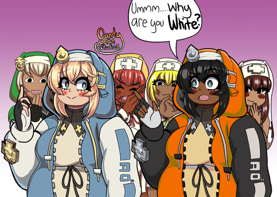 Bridget’s main palette looking worried, with Palette 9 behind her asking “ummmm WHY are you WHITE?”. Her other palette swaps from Strive and XX are giggling behind main Bridget and Palette 9 making various laugh and smug faces