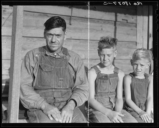 The black and white photograph depicts three individuals seated side by side on a wooden structure. The person in the center appears to be an adult male wearing overalls with rolled-up sleeves, showcasing wear or dirt stains indicative of manual labor. He has dark hair, is looking directly at the camera with a neutral expression.

To his right are two younger males; one looks like a young teenager and another perhaps around seven years old. Both have light-colored blonde hair, dressed in similar overalls, suggesting they might be siblings or related. They both look down towards their hands or knees, seemingly lost in thought without making direct eye contact with the camera.

The setting appears to be outdoors during daylight hours as indicated by natural lighting and shadows cast on the subjects' faces. The background features a wooden structure which could suggest a rural environment like that of Georgia where sharecropping was prevalent at one time. There are no distinctive markings or text visible in this photograph, aside from what seems to be handwritten annotations along with some numbers possibly indicating cataloging information.

Overall, the image captures a moment of quiet contemplation among three individuals connected by their overalls and likely rural background. The context provided indicates that these could be sharecroppers near Hartwell, Georgia during a time when such agricultural labor was common in  [...]