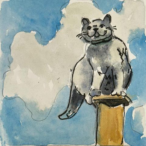 Watercolour of a gray cat on a tall platform staring down at the world. Behind the cat is a blue sky and a fluffy white cloud.