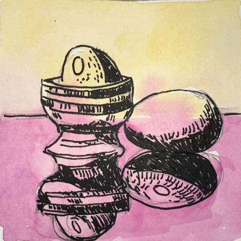 Yellow top stripe. Pink bottom stripe. Over which is an ink drawing of an egg in a striped egg cup and another egg lying on its side. Both are reflected in the shiny pink surface.
