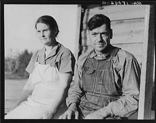The black and white photograph features a man and a woman sitting side by side on what appears to be the steps of a wooden structure. The man is wearing overalls, which are indicative of work attire typically associated with farming or manual labor during early 20th-century America.

Both individuals have solemn expressions; their gazes seem directed off-camera, suggesting they may not be aware that their photo is being taken. They wear simple clothing appropriate for rural life at the time—the woman in a white apron and overalls similar to the man's.

The image has a documentary quality typical of work by photographers such as Dorothea Lange, known for her powerful depictions of American social issues during the Great Depression era. The photograph was taken near Hartwell, Georgia; this context could provide insight into their lives and the economic conditions they might have faced at that time.

The grainy texture and monochrome color scheme are characteristic of older photographs from around 1930s-40s America.