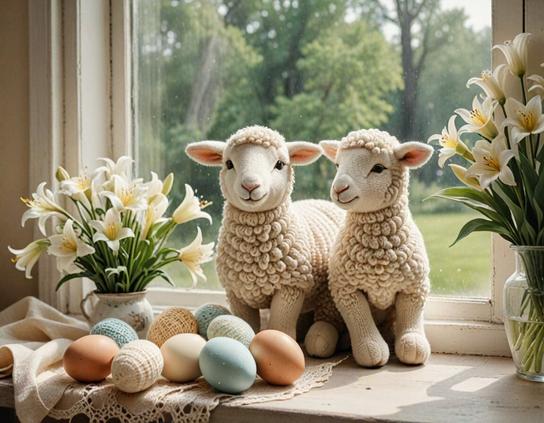 ①«Generated by nightcafestudio»
(From the picture book: Amigurumi lamb and lilies) A ​​knitted lamb and lilies are displayed on a cozy window sill. Decorated eggs are also displayed for the Easter celebration. The milky white sunlight creates a gentle atmosphere. This illustration is nostalgic, reminiscent of the old "Winnie-the-Pooh" illustrations.
#本日の成果物 #aiartcommunity