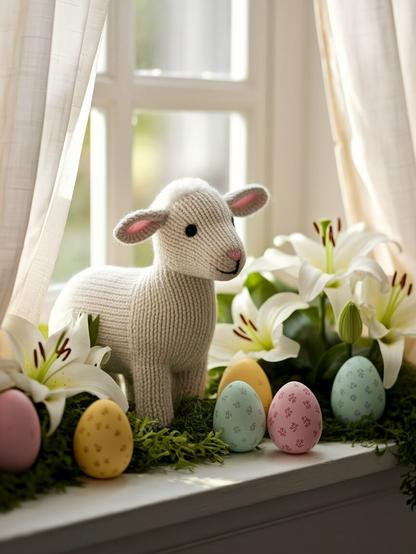 ②«#aiart Generated by ideogramai »
(From the picture book: Amigurumi lamb and lilies) A ​​knitted lamb and lilies are displayed on a cozy window sill. Decorated eggs are also displayed for the Easter celebration. The milky white sunlight creates a gentle atmosphere. This illustration is nostalgic, reminiscent of the old "Winnie-the-Pooh" illustrations.