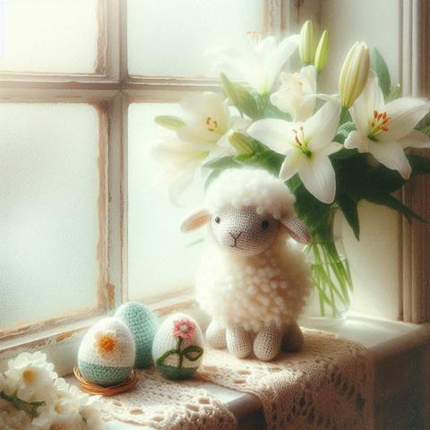 ③«Generated by BingImageCreator»
(From the picture book: Amigurumi lamb and lilies) A ​​knitted lamb and lilies are displayed on a cozy window sill. Decorated eggs are also displayed for the Easter celebration. The milky white sunlight creates a gentle atmosphere. This illustration is nostalgic, reminiscent of the old "Winnie-the-Pooh" illustrations.