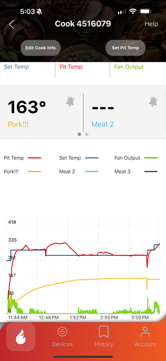 A graph of meat temperature over the outset of five hours. The current temperature is 163 degrees and has been stuck there for about two hours.