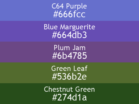 a block of five horizontal color swatches in C64 Purple (#666fcc), Blue Marguerite (#664db3), Plum Jam (#6b4785), Green Leaf (#536b2e), and Chestnut Green (#274d1a).
