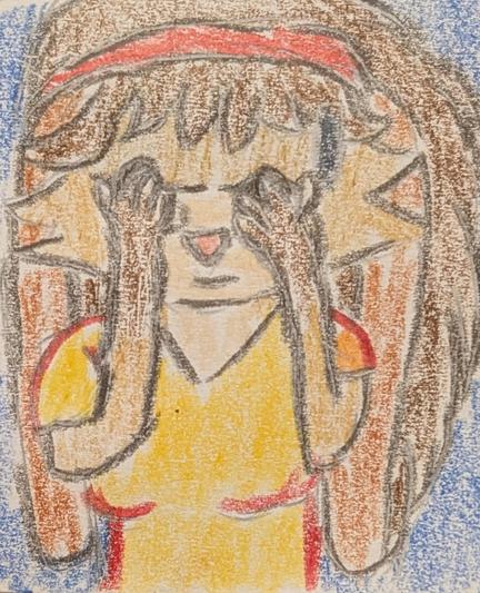 Color pencil drawing of Lop Norausa from Star Wars Visions doing a double facepalm.