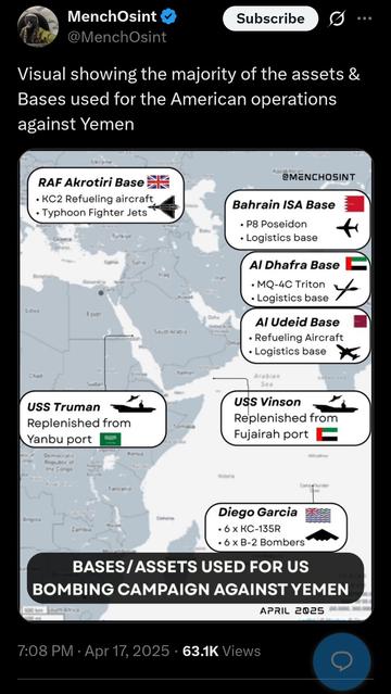 Map showing bases from where the US is bombing Yemen