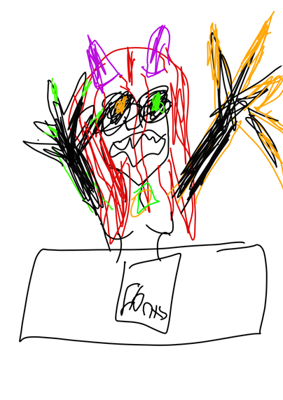 Inaries at a desk arms raised screaming about studying orange left arm claw right hand with green finger tips black arm sleeves red hair spikey teeth purple horns green eye on orange hand orange eye on green hand the paper on desk reads "study"