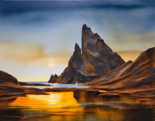 Dramatic seascape of a small sailboat near towering dark rock formations, with a late afternoon sun reflecting golden light on calm water.