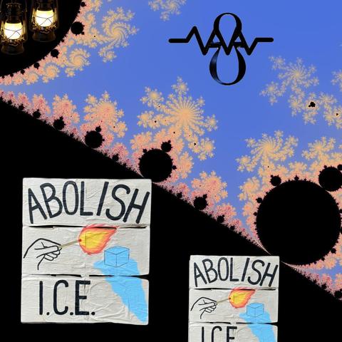Digital collage with Mandelbrot fractal from link as background. 2 abolish ice signs and 2 lanterns
