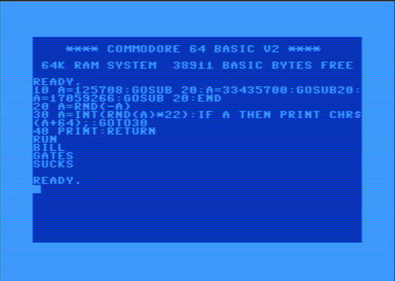 Código fuente de las instrucciones en BASIC que descifra el Huevo de Pascua injertado en la ROM de la Commodore C64: el soez mensaje "BILL GATES SE LA COME"