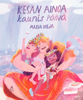 Kesän ainoa kaunis päivä -kirjan kannessa on äiti sylissään kaksi lasta. On kaunis kesäpäivä ja äiti ja lapset ovat eväsretkellä.