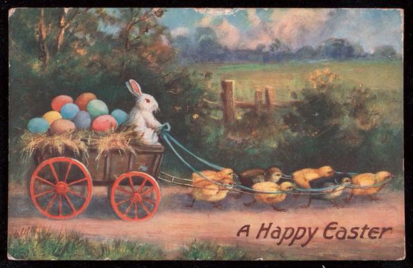 Color Easter postcard showing  a white rabbit driving a wagonload of colored eggs on a bed of hay. Six chicks are pulling the wagon on a country road.