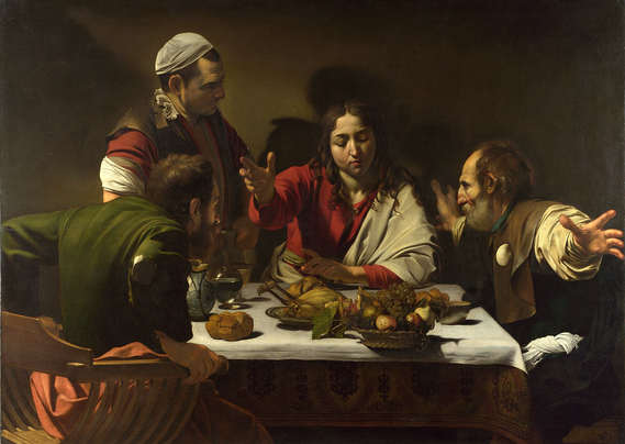 Ein roleg Jesus eter mat medan tre forferda disiplar ser på.