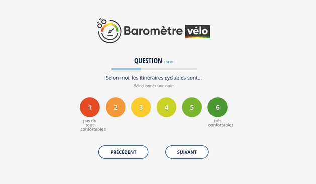 Interface du Baromètre vélo affichant la question "Selon moi, les itinéraires cyclables sont..." avec une échelle de 1 à 6, allant de "pas du tout confortables" à "très confortables". Boutons "Précédent" et "Suivant" en bas.