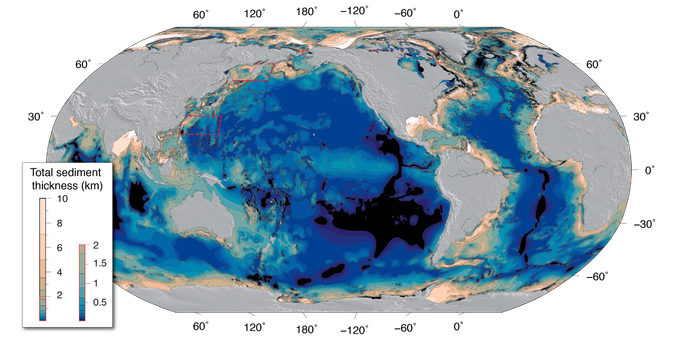Map showing total sediment thickness in kilometers. Regions inside red dashed polygons indicate sediment thickness values taken from the Laske et al. (2013) grid with an original coarser grid node spacing (1°) than the other used grids.