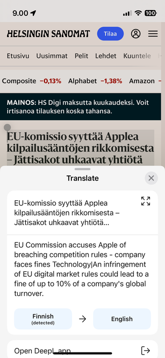 Another screenshot of the same Finnish website with another pop-up showing the highlighted text translated from
Finnish into English using the DeepL app as the default translation app.