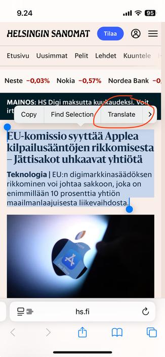 A screenshot from Safari on a iPhone with some text selected and the translate popup highlighted with a red circle.