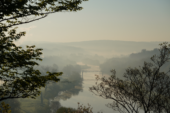 Foto, aufgenommen von einem höher gelegenen Punkt mit Blick über das Ruhrtal.Das zentrale senkrechte Element ist die Ruhr, die  vom unteren Bildrand bis in die Bildmitte in sanften Bögen verläuft. Etwas unterhalb des Zentrums steht eine Brücke, die das linke mit dem rechten Ufer verbindet. Am linken Ufer sieht mann eine in der Sonne liegende Wiese, am Ufer stehen Bäume und STräucher, die sich im Wasser spiegeln. Etwas oberhalb der Bildmitte verläuft der Horizont. Die Hügel (ich möchte nicht von Bergen sprechen) des Ardey-Gebirges liegen im Nebel, darüber ein blassblauer wolkenloser Himmel.Der linke Bildrand und die rechte untere Ecke werden  von einigen ins Bild ragenden Ästen und Zweigen gestaltet, deren Bäume unterhalb des Standortes der Bildaufnahme stehen.