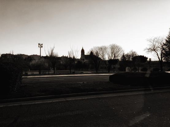 Una vista monocromática de un paisaje urbano, con una carretera en primer plano que conduce hacia una línea de árboles y edificios. Al fondo se distingue la silueta de un campanario, que sugiere una catedral o iglesia. Los árboles están desnudos, indicando que podría ser otoño o invierno. El cielo está despejado y de un tono gris claro. A la izquierda de la imagen, hay una farola alta. La escena tiene una atmósfera tranquila y serena.