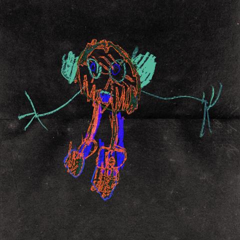 child's self portrait in crayon that looks like a yarn ball with gangly arms and furry legs
