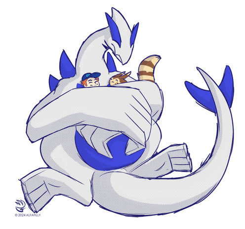 Doodle of a lugia hugging a pokemon trainer and a furret in its big bappers
