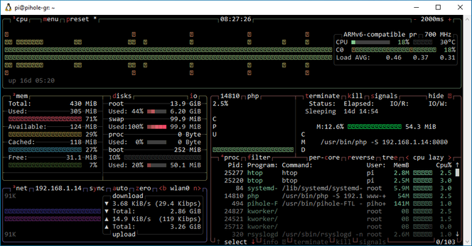 Screenshot of “btop” in a console with my program highlighted; resource usage says 12.6% or 54.3 MiB memory, and 2.5% CPU for this process