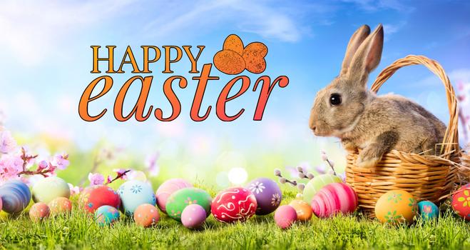 Happy Easter with lots of Easter eggs and a bunny in a basket.