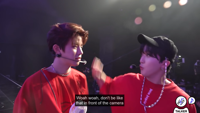 Changbin pouts at Seungmin. Caption: Woah woah, don't be like that in front of the camera.