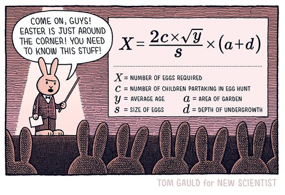 A professor rabbit berates his bunny students 
“Come on, guys! Easter is just around the corner! You need to know this stuff!”

He is pointing at a formula: 

X equals (2C multiplied by the square root of Y, over S) multiplied by (A plus D)

X = number of eggs required 
C = number of children partaking in egg hunt 
Y = average age 
A = area of garden 
S = size of eggs 
D = depth of undergrowth