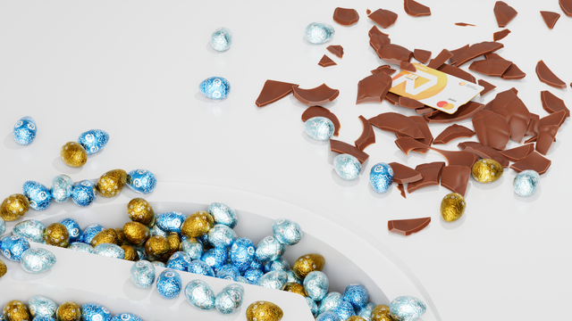 easter eggs and a debit card broken out of a surprise chocolate egg
