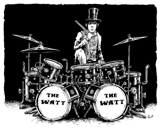 Et si le Rock était né au 19ème siècle ? Un batteur aux allures rétrofuturiste est assis derrière sa batterie. Celle-ci semble fonctionner à la vapeur car elle est équipée de tuyauteries et de manomètres. Le nom du musicien ? Keef Loon, batteur fou de "The Watt", célèbre groupe de Pop victorienne des années 1860.

What if rock had been born in the 19th century? A retro-futuristic drummer sits behind his drum kit. It appears to be steam-powered, as it's equipped with pipes and pressure gauges. The musician's name? Keef Loon, the mad drummer for "The Watt," a famous Victorian pop band from the 1860s.