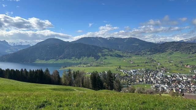 View of Unterägeri village and lake Ägeri under a partly cloudy sky. Dark forested hills are in the background.