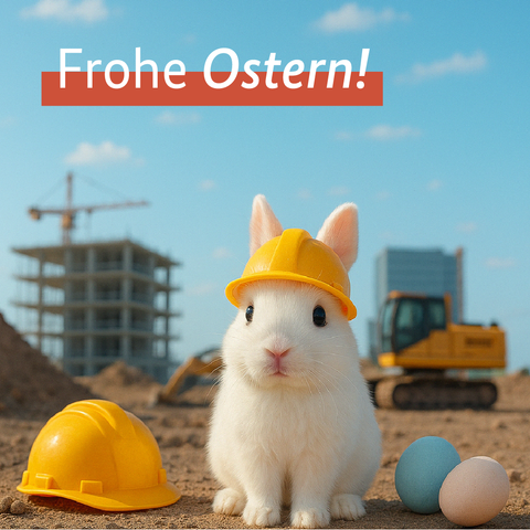 Ein Osterhase mit gelbem Bauhelm sitzt auf einer Baustelle. Neben ihm liegen ein größerer gelber Bauhelm und zwei bunte Eier. Dazu der Schriftzug "Frohe Ostern".