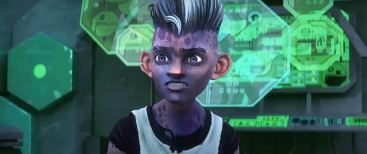 A close-up shot of a distressed Dal in Dr. Jago's lab on Noble Isle.  From E115