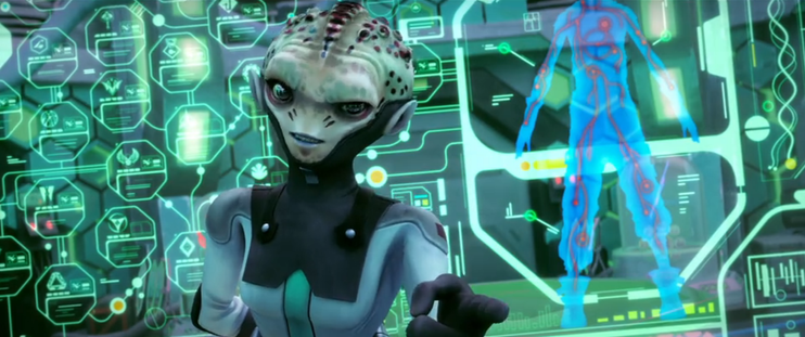 A close-up shot of Dr. Jago in her lab on Noble Isle talking with Dal (who is off-camera).  From E115