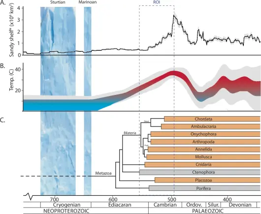 a complicate dfigure from the paper whowing diversification of animals and development of various physical characteristics of Earth between 700 and 400 million years ago
