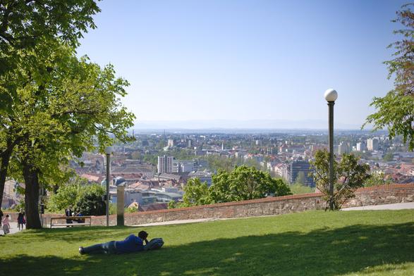 A person lies comfortably on a meadow. Behind it is a small wall. You are high above a city and can look down on it. The picture is framed by trees. There is a lantern on the right.