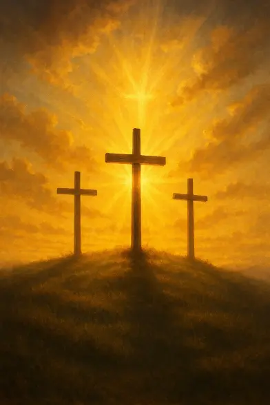 A digital painting of three empty crosses silhouetted on a hilltop at sunrise. Sun rays break through dramatic clouds, with the rays subtly forming the shape of crosses in the sky—symbolizing resurrection, hope, and divine presence.