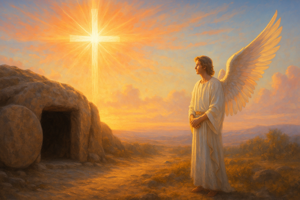 A digital painting of a sunrise over the empty tomb of Christ. A male angel in white robes stands beside the tomb, while a radiant cross shines in the golden sky. The stone is rolled away, symbolizing Christ’s resurrection.