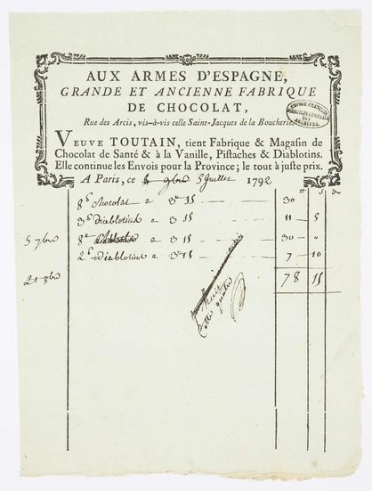 Facture de la boutique Aux Armes d'Espagne, grande et ancienne fabrique de chocolat. Paris, 1792