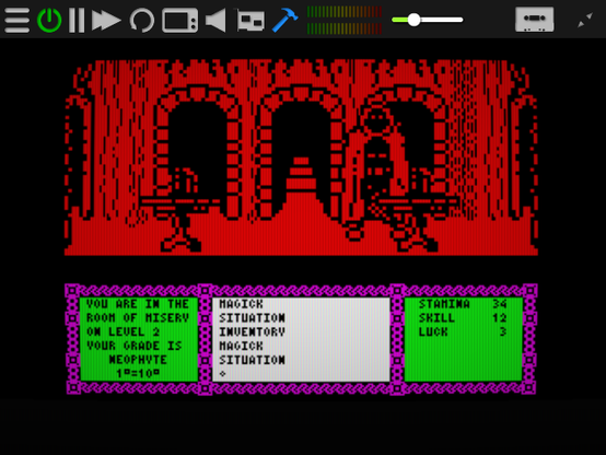 Screen shot of Heavy on the Magick. Our hero Axil stands in the middle of the first room in the dungeons. However any keen eyed fan will notice the extra three exits which are not normally there.