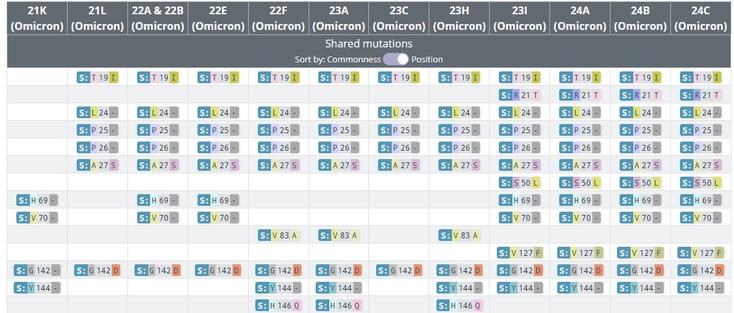 A screenshot of the shared mutations view on CoVariants, showing columns labelled with the Nextstrain names of variants