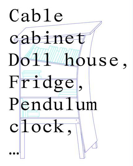 Calbe cabinet, doll house, fridge, pendulum clock... (background is a vector drawing of a minibieb)