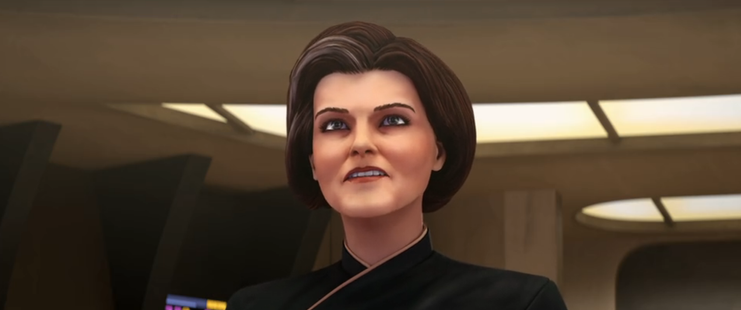 A close-up shot of Admiral Janeway on the bridge of the Dauntless.  From E115