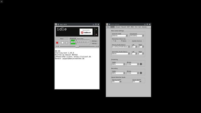 A screenshot of BUTT 1.45.0 application on Linux.