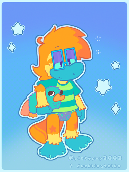 Digital drawing of a young anthropomorphic platypus with orange fur and a teal bill and feet. They’re wearing glasses and their pajamas (which is just a striped tee and absorbent nighttime underwear, based on GoodNites). They are looking sleepy while holding a plush of Perry the platypus.